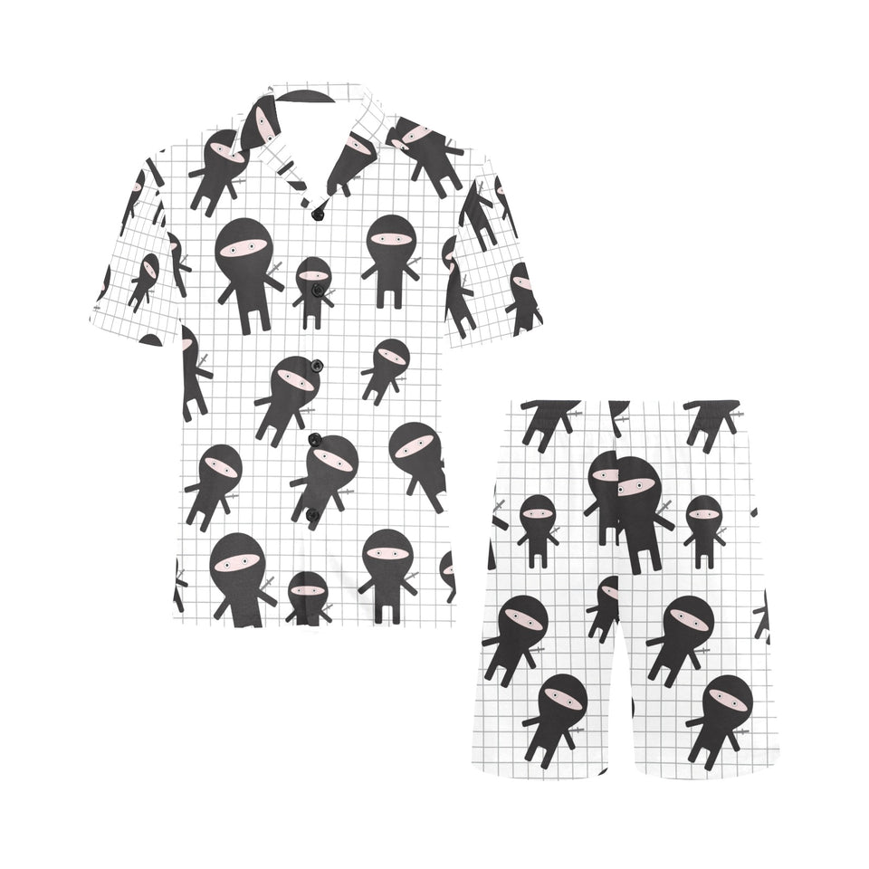 Ninja pattern plaid background Men's V-Neck Short Pajama Set