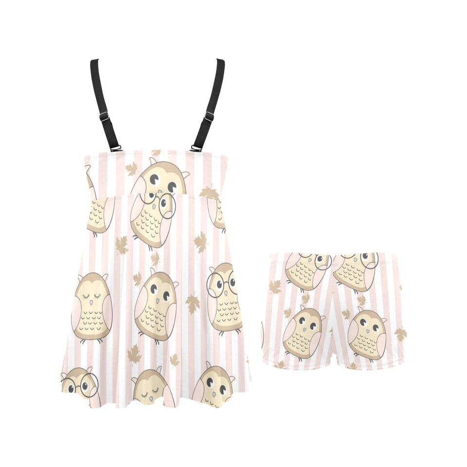 cute owl leaf Chest Sexy Pleated Two Piece Swim Dress