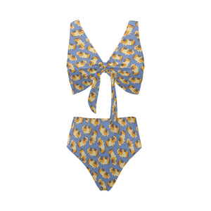 Guinea Pig Pattern Print Design 02 Chest Bowknot High Waisted Bikini Swimsuit