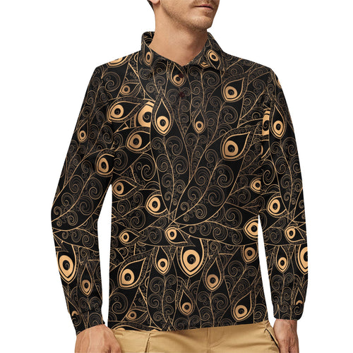 Gold peacock feather pattern Men's Long Sleeve Polo Shirt
