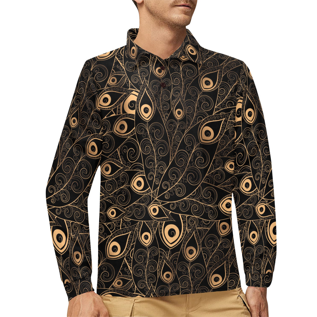 Gold peacock feather pattern Men's Long Sleeve Polo Shirt