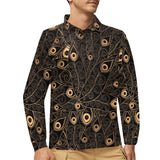 Gold peacock feather pattern Men's Long Sleeve Polo Shirt