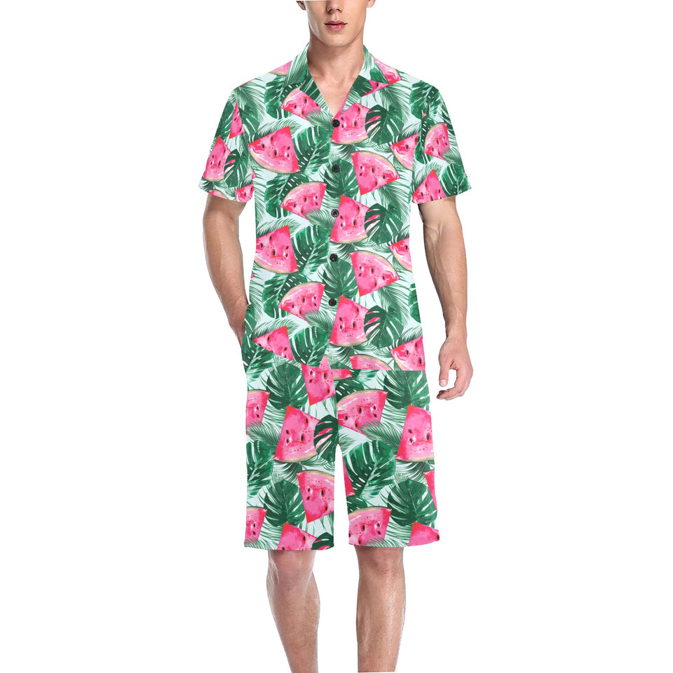 Watermelons tropical palm leaves pattern Men's V-Neck Short Pajama Set