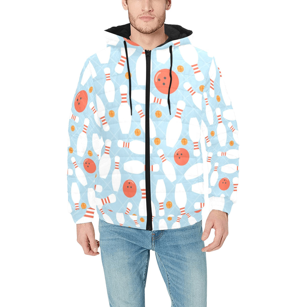 Bowling ball bowling pins blue blackground Men's Padded Hooded Jacket