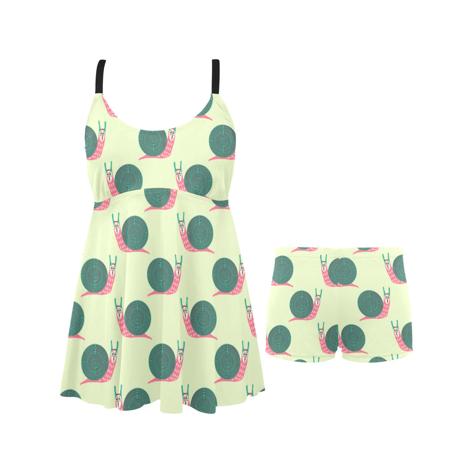 Snail Pattern Print Design 04 Chest Sexy Pleated Two Piece Swim Dress