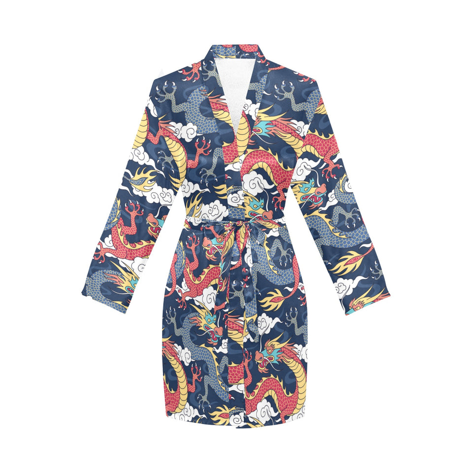 Blue red dragon cloud pattern Women's Long Sleeve Belted Night Robe
