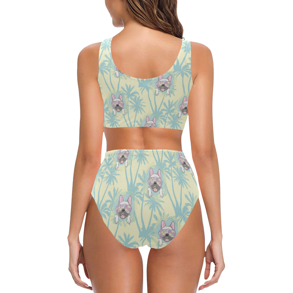 French bulldog hawaii blackground Chest Bowknot High Waisted Bikini Swimsuit