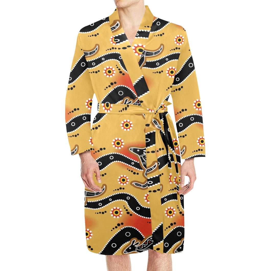 Japanese wave pattern Men's Long Sleeve Belted Night Robe