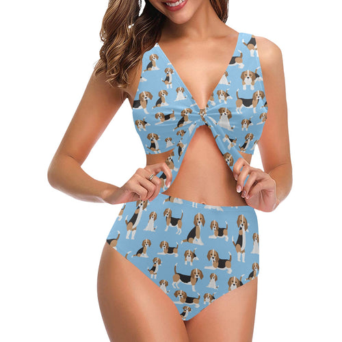 Beagle dog blue background pattern Chest Bowknot High Waisted Bikini Swimsuit