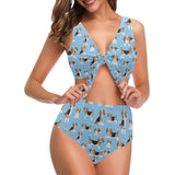 Beagle dog blue background pattern Chest Bowknot High Waisted Bikini Swimsuit