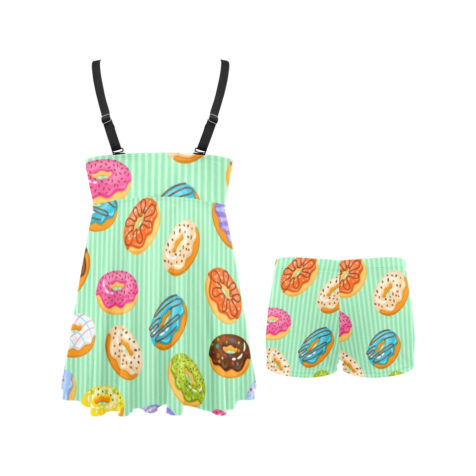 Colorful donut pattern green background Chest Sexy Pleated Two Piece Swim Dress