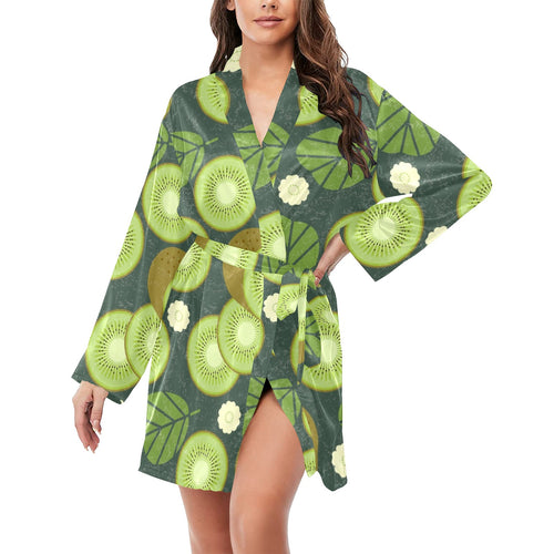 Whole sliced kiwi leave and flower Women's Long Sleeve Belted Night Robe