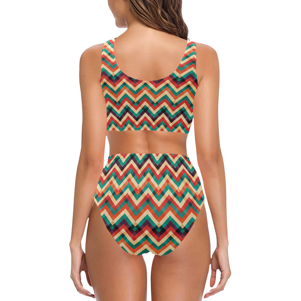 zigzag chevron colorful pattern Chest Bowknot High Waisted Bikini Swimsuit