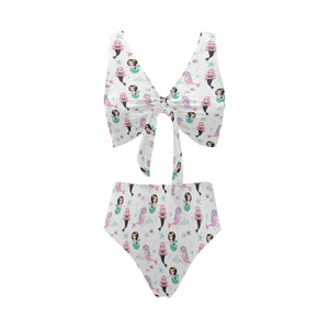 cute mermaid dolphin fish starfish pattern Chest Bowknot High Waisted Bikini Swimsuit