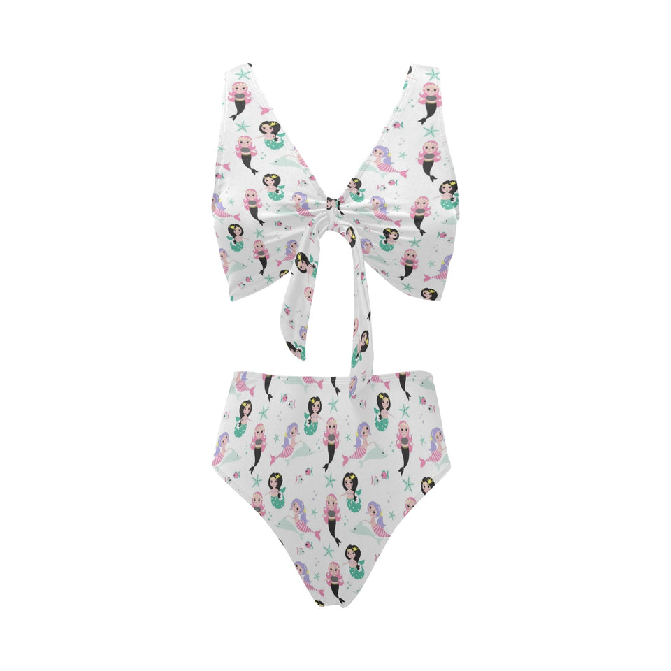 cute mermaid dolphin fish starfish pattern Chest Bowknot High Waisted Bikini Swimsuit