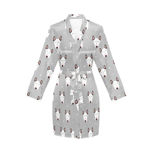 Bull Terrier Pattern Print Design 05 Women's Long Sleeve Belted Night Robe