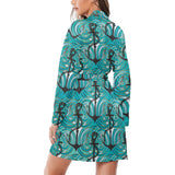 Anchor nautical green background Women's Long Sleeve Belted Night Robe