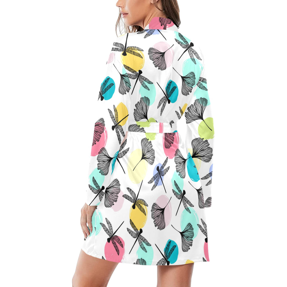 Dragonflies ginkgo leaves pattern Women's Long Sleeve Belted Night Robe