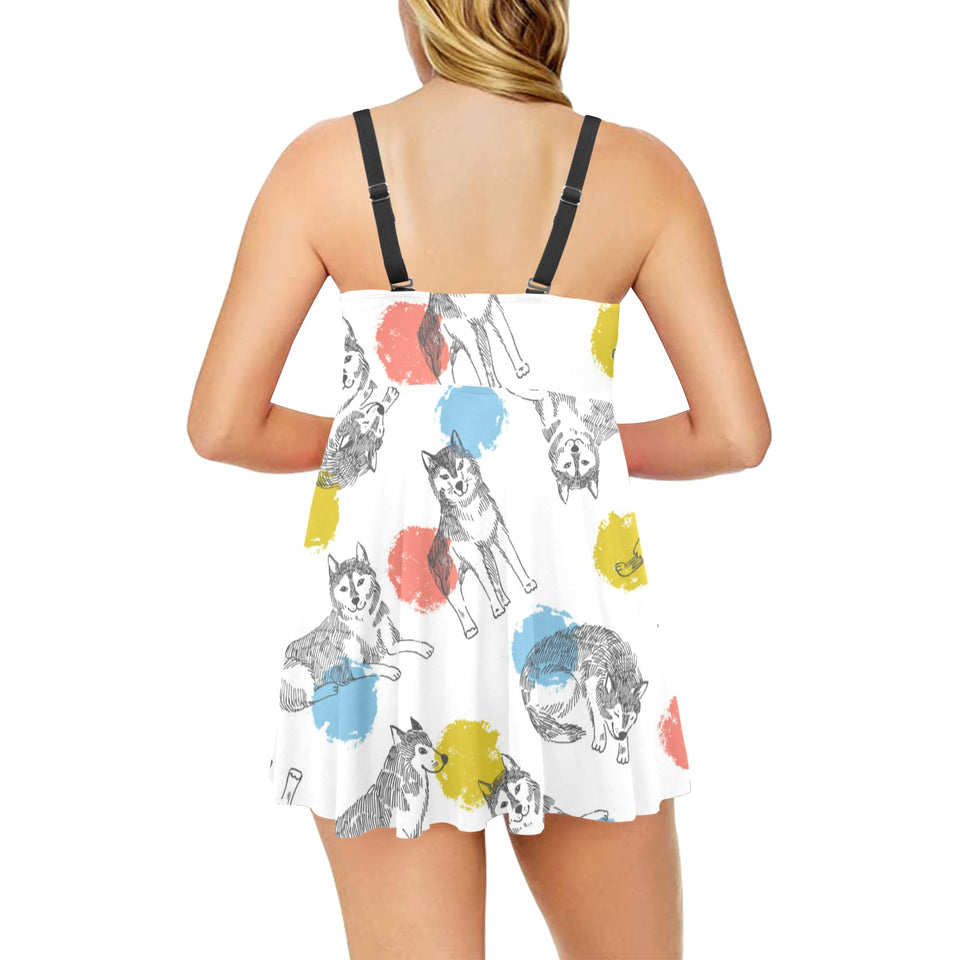 Siberian husky and colorful circle pattern Chest Sexy Pleated Two Piece Swim Dress