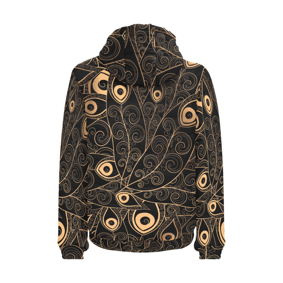 Gold peacock feather pattern Men's Padded Hooded Jacket