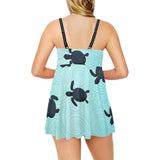 Sea turtle with blue ocean backgroud Chest Sexy Pleated Two Piece Swim Dress