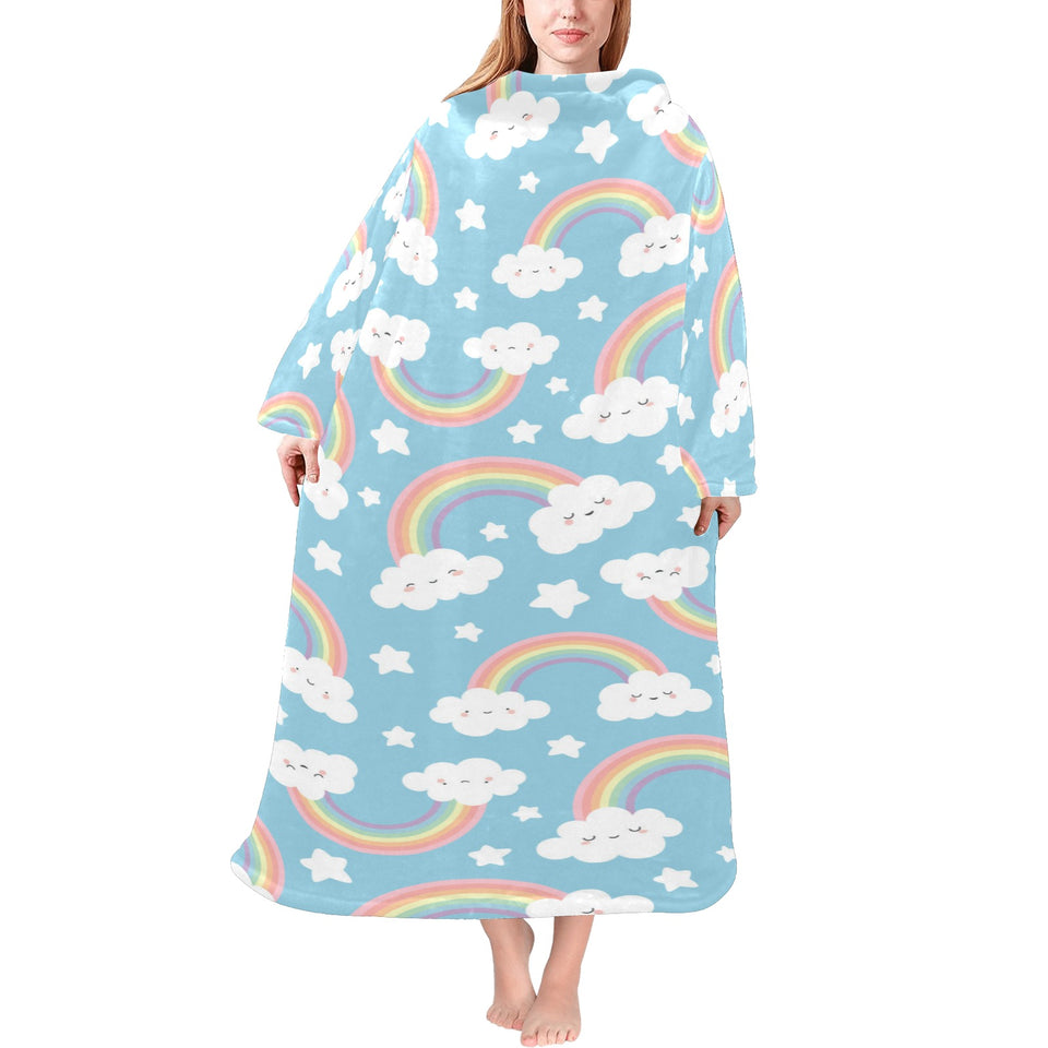 Cute rainbow clound star pattern blue background Blanket Robe with Sleeves