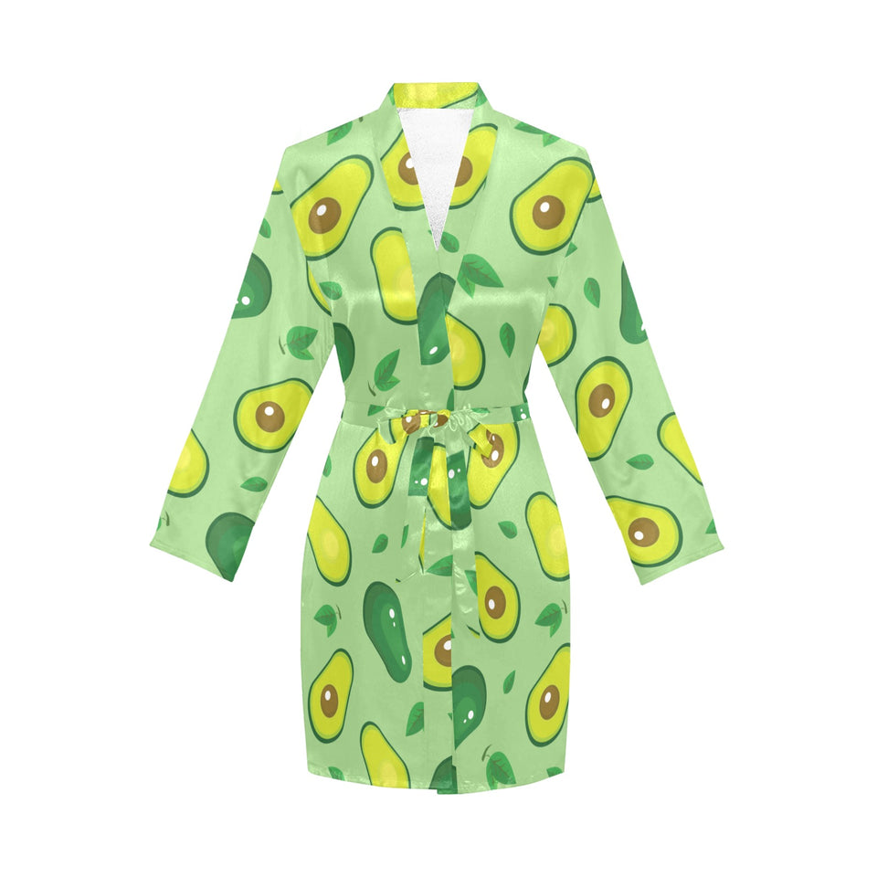 Avocado pattern green background Women's Long Sleeve Belted Night Robe