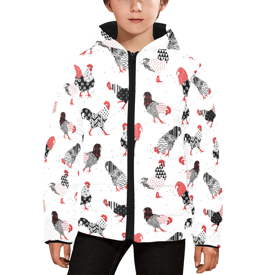 Cool rooster chicken cock floral ornament backgrou Kids' Boys' Girls' Padded Hooded Jacket