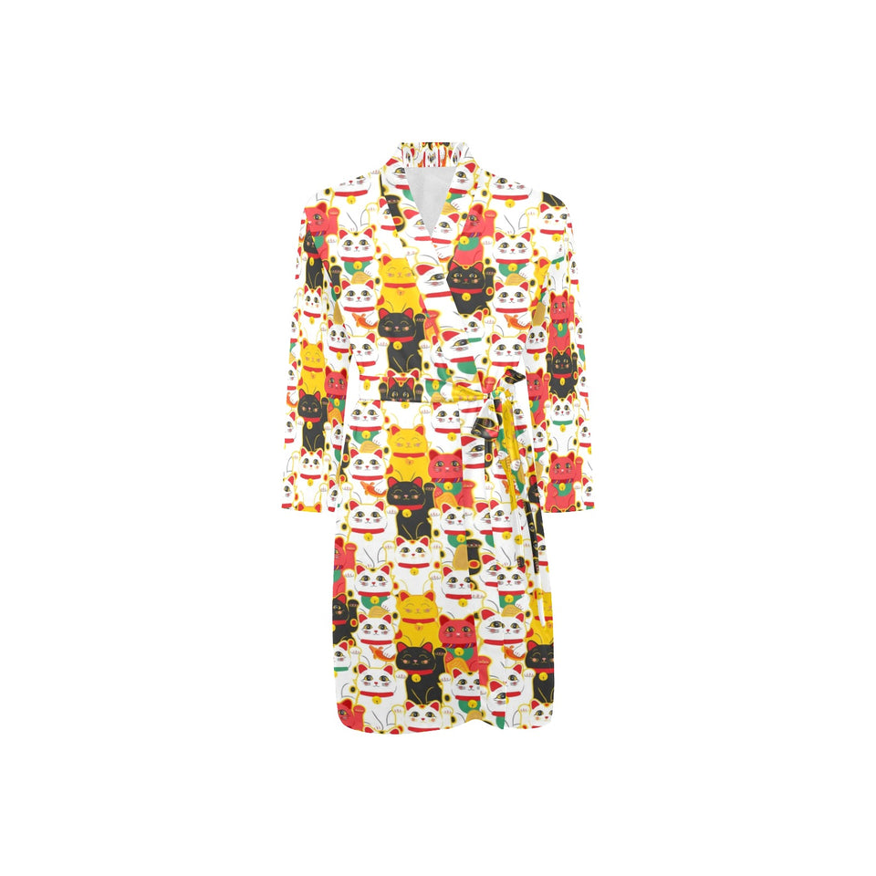 Colorful Maneki neko cat pattern Men's Long Sleeve Belted Night Robe