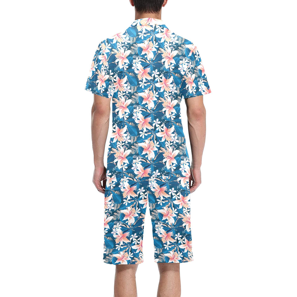 Hibiscus Pattern Print Design 02 Men's V-Neck Short Pajama Set
