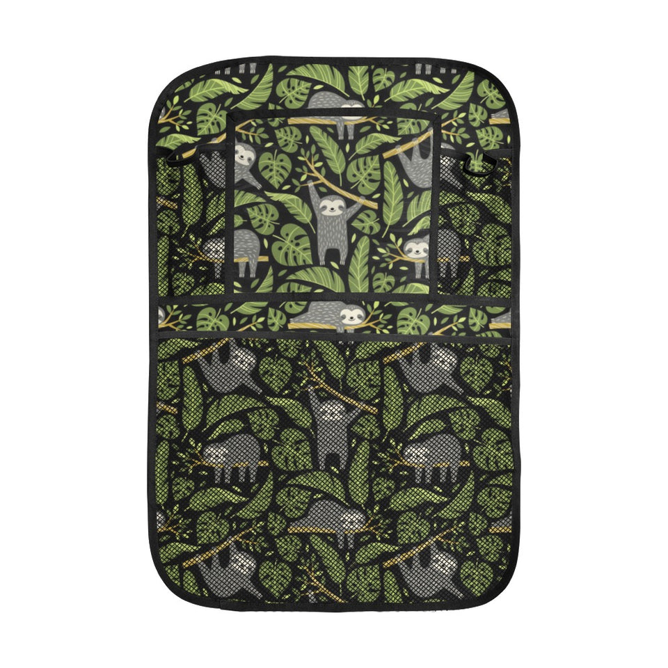 Cute sloths tropical palm leaves black background Car Seat Back Organizer