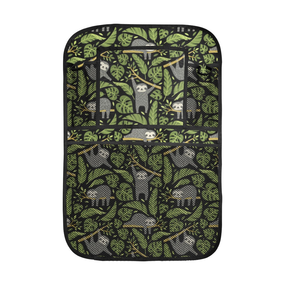 Cute sloths tropical palm leaves black background Car Seat Back Organizer