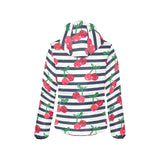 Hand drawn cherry pattern striped background Women's Padded Hooded Jacket