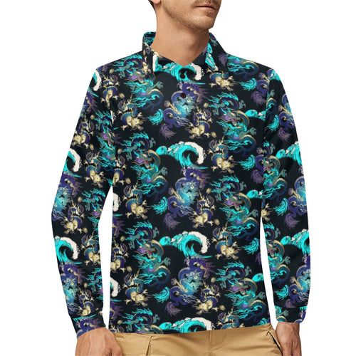 Dragon sea wave pattern Men's Long Sleeve Polo Shirt
