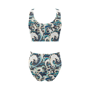 Japanese wave pattern Chest Bowknot High Waisted Bikini Swimsuit