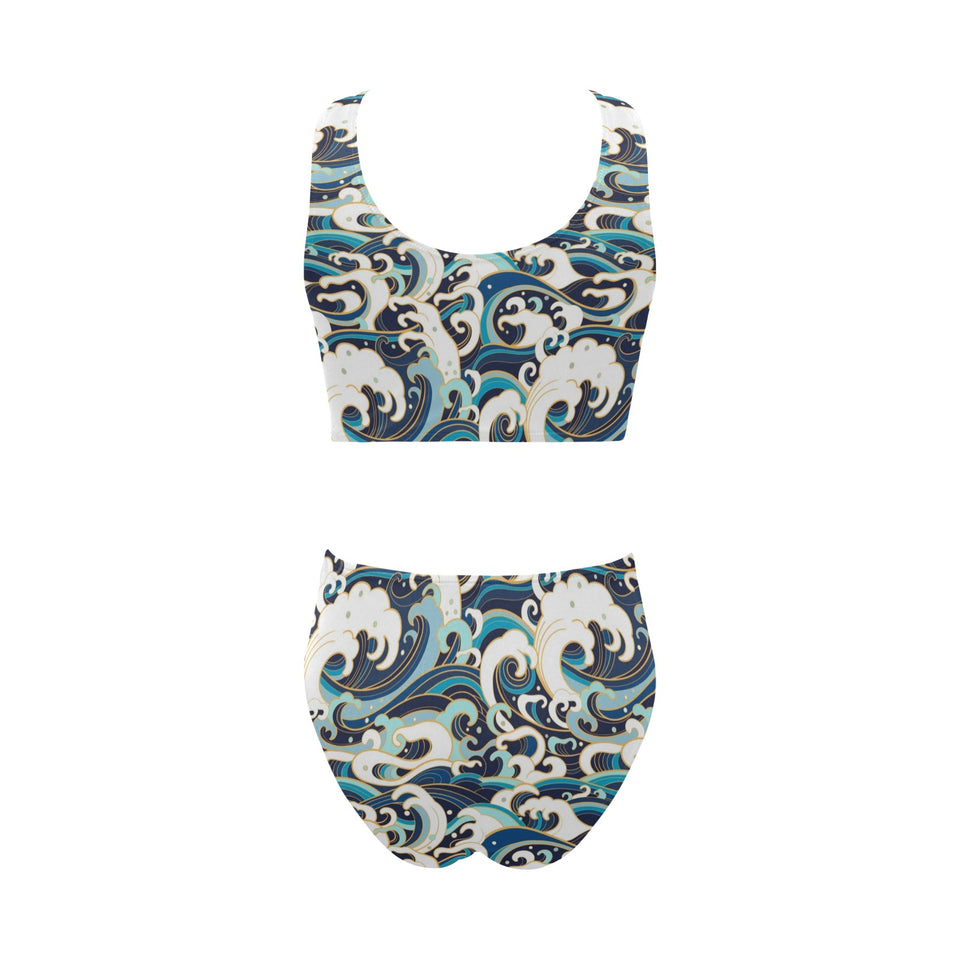 Japanese wave pattern Chest Bowknot High Waisted Bikini Swimsuit