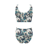 Japanese wave pattern Chest Bowknot High Waisted Bikini Swimsuit