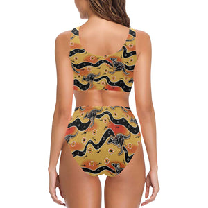 Kangaroo Australian aboriginal art pattern Chest Bowknot High Waisted Bikini Swimsuit