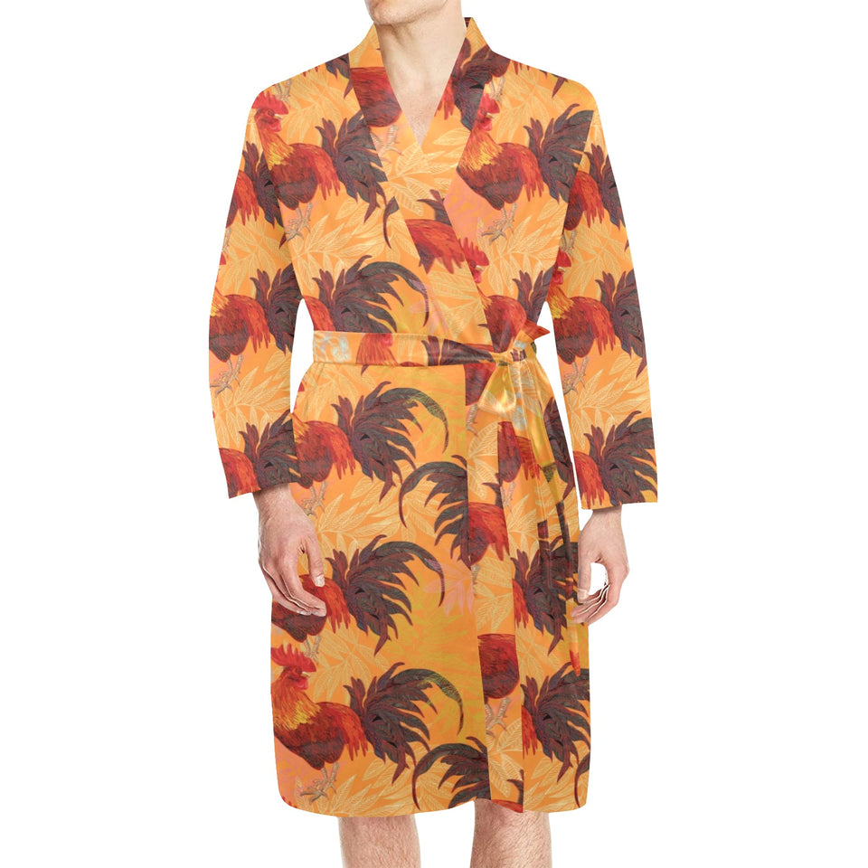 red rooster chicken cock pattern Men's Long Sleeve Belted Night Robe