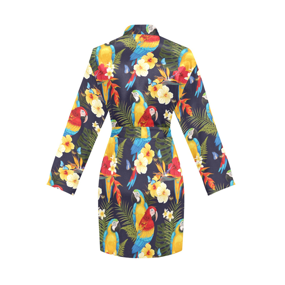 Colorful parrot flower pattern Women's Long Sleeve Belted Night Robe