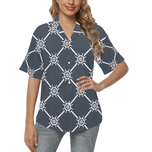 nautical steering wheel rope pattern Women's All Over Print Hawaiian Shirt