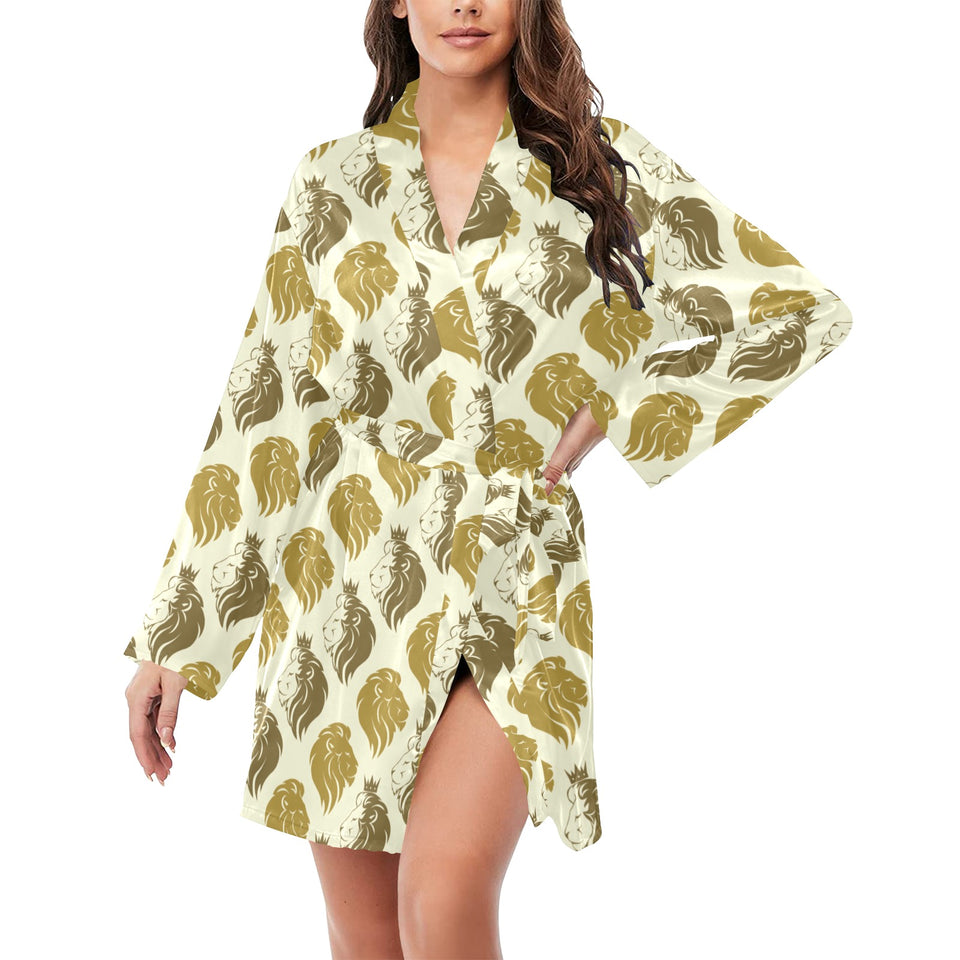 Lion Pattern Print Design 02 Women's Long Sleeve Belted Night Robe