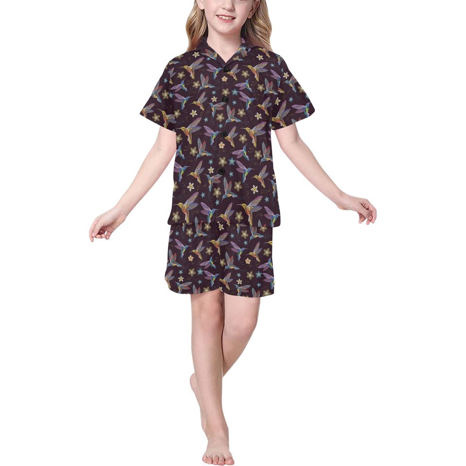 Hummingbird Pattern Print Design 04 Kids' Boys' Girls' V-Neck Short Pajama Set