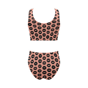 Lips Pattern Print Design 02 Chest Bowknot High Waisted Bikini Swimsuit