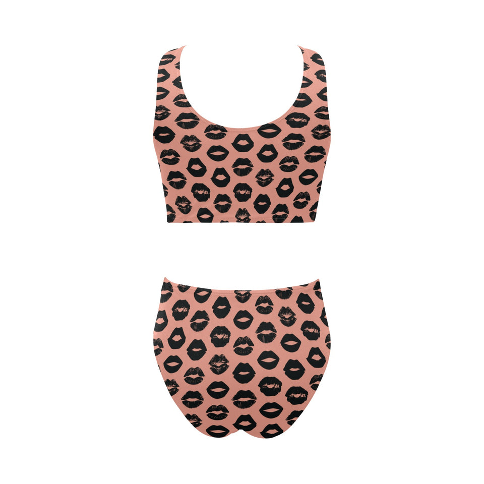 Lips Pattern Print Design 02 Chest Bowknot High Waisted Bikini Swimsuit