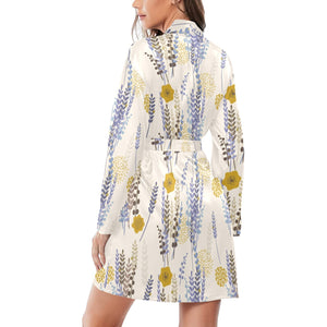 Lavender modern pattern blackground Women's Long Sleeve Belted Night Robe