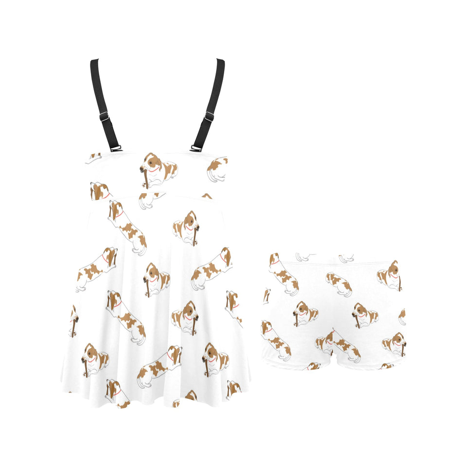 Jack Russel Pattern Print Design 04 Chest Sexy Pleated Two Piece Swim Dress