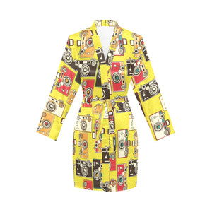 Camera Pattern Print Design 02 Women's Long Sleeve Belted Night Robe