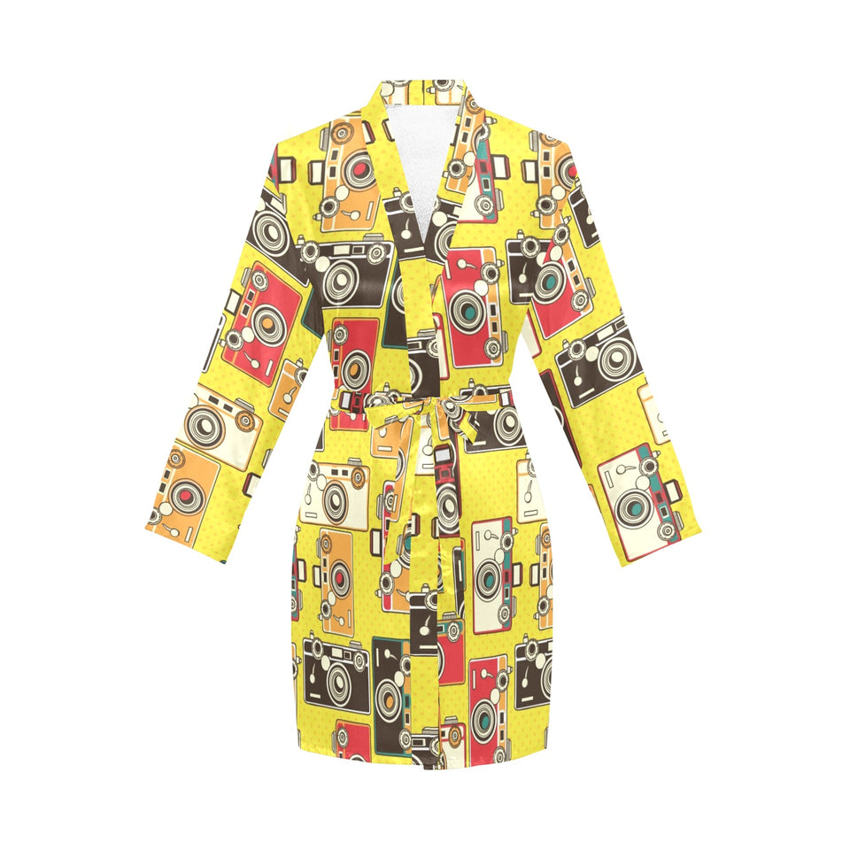 Camera Pattern Print Design 02 Women's Long Sleeve Belted Night Robe