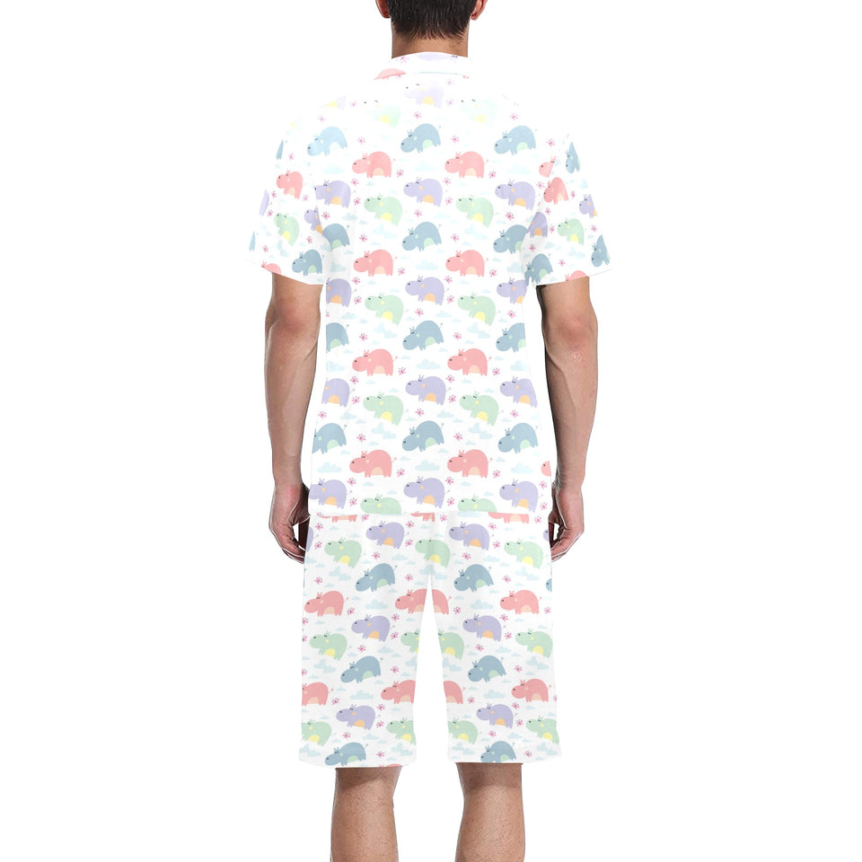 Hippopotamus Pattern Print Design 03 Men's V-Neck Short Pajama Set